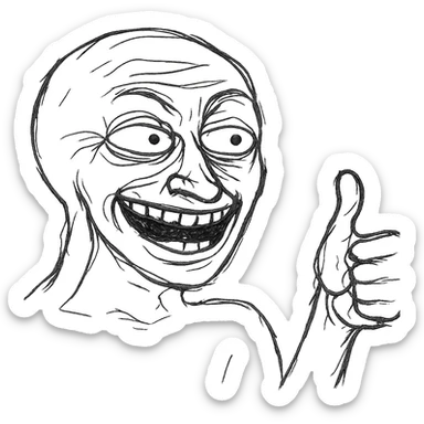 wojak meme style character, oversized head, elongated hand, humorous expression sticker