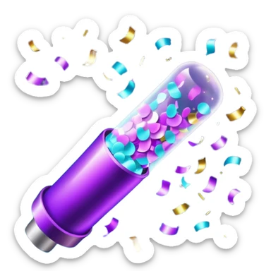 glowing confetti popper emoji, purple and cyan colors, emitting confetti and sparkles, vibrant celebration atmosphere sticker