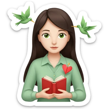 Gentle woman with fair skin, long dark brown hair, green eyes, light green blouse, holding a book to her chest. Surrounded by a heart, paper crane, leaves, and candle. Waist-up, front-facing sticker