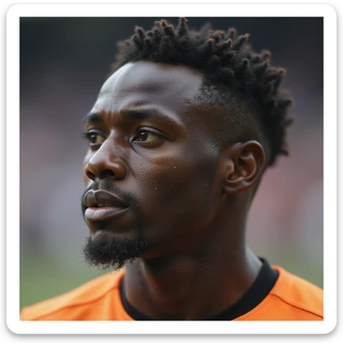 realistic style close-up of face of André Onana, football goalkeeper, focused expression, short hair, dark skin, blurred background sticker