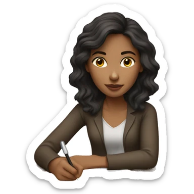 brunette woman writing sticker