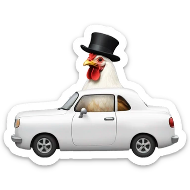 Chicken in a white race car wearing a top hat sticker