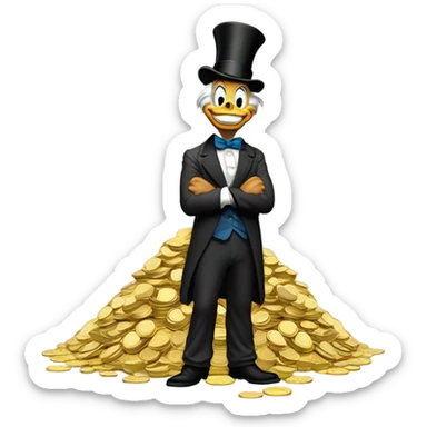 a slim successful looking scrooge mcduck standing atop a pile of money sticker