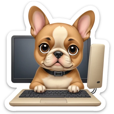 Fawn Frenchie with black muzzle working behind computer sticker