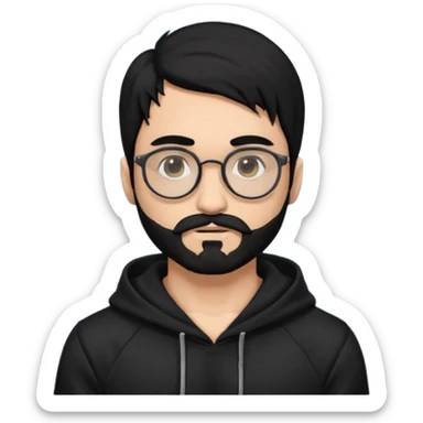 Man, hispanic skin, black hair, black beard, black mustache black eyes black t hoodie, small nose, long emo hair, muscular , round glasses sticker