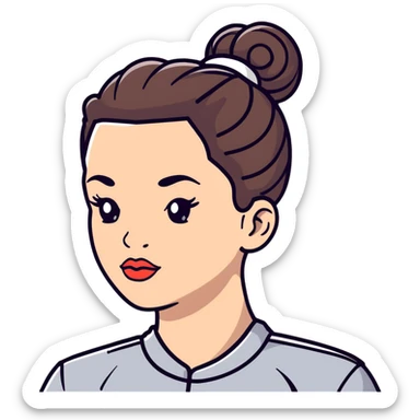 cartoon sticker of a clean girl with dewy skin, glossy lips, hair in a bun, wearing athleisure sticker