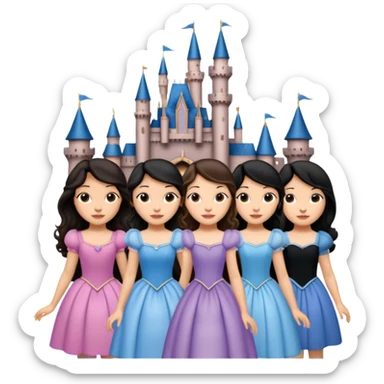 Quiero que crees una imagen donde este el castillo de Disney y por detrás o delante pon a quatro chicas: una con el pelo largo rizado marrón , otra con el pelo muy corto negro, otra con el pelo mediano liso marrón y otra con el pelo negro largo liso sticker
