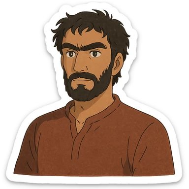 A Tajik man with medium to tall height, well-defined features, slightly curved nose, dark-brown eyes, thick eyebrows meeting above the nose, slightly wavy hair, and rich brown skin sticker