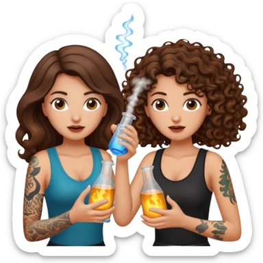 wrong mixture — long wavy brown hair tattooed woman and short tight curly brown hair woman — panic holding glowing flask sticker