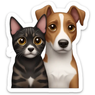 Black tabby cat and brown Jack Russell dog hugging sticker
