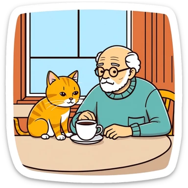  old blind man having coffee at the table ￼ with his golden cat  sticker