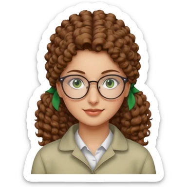 iranian woman, tight curly light brown hair in pony tail, glasses, green eyes, pretty, oval shape face sticker