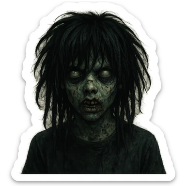 boy zombie with medium-long black dreads, emo and shaggy hairstyle, dark and spooky atmosphere, creepy expression sticker