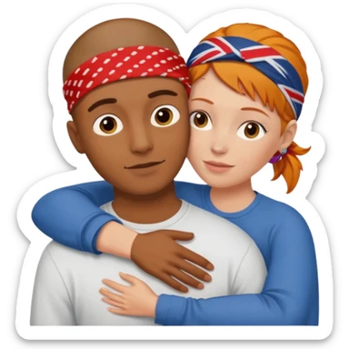 Two people hugging, brown guy with a buzzed cut and bandana, and a white woman with ginger hair sticker