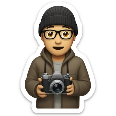 An Asian man wearing a beanie and glasses, holding a camera. sticker