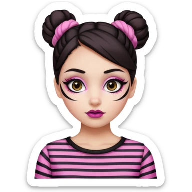 generate a pretty fair bratz girl with dark brown eyes. Dark brown hair straight hair with pink highlights tied into buns. Big eyeliner. black lipstick. Black and white striped top.  sticker