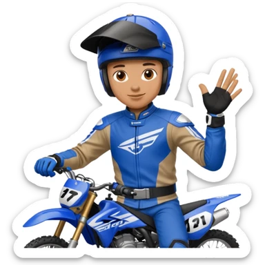 dirtbike rider in blue gear signing autographs sticker