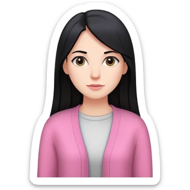 white woman with long straight black hair wearing a pink cardigan sticker