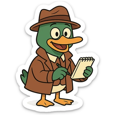 adorable mallard duck detective, with a brown hat and coat, holding a notepad, cheerful expression, illustrated style sticker
