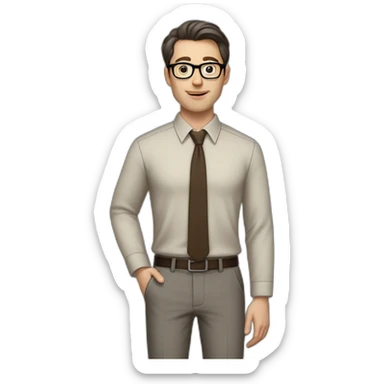 Full height Pale skinned fit man with dark brown hair in gray jacket, beige office shirt, brown tie, brown pants and vintage glasses. His right hand stretched out sticker