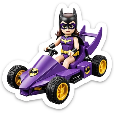 Hot full size real size-appearance electric road racing sexy BatGirl’s feminine midnight-colored tight outfit sixty’s tv show Lego dark stealthy sporty safe plush petite off-road pursuit cruiser car rose gold accents (black hair,reclined and relaxed torso and shoulders seating position) go kart  sticker