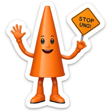 orange traffic cone with legs dancing with sign in his hand saying “stop using ai” sticker