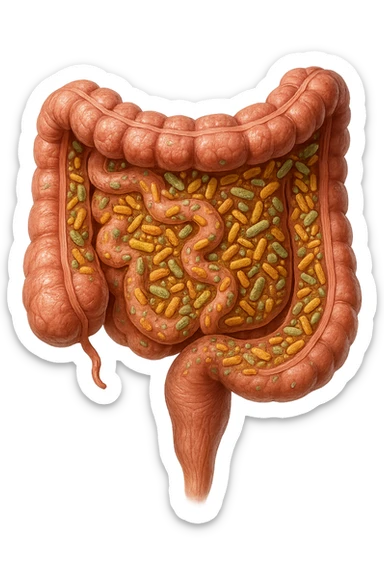 INTESTINO UMANO ANATOMICO CON BATTERI INTESTINALI, iperrealistica 4k sticker