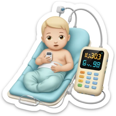 NICU tiny microprem baby in isolette with monitoring attached. sticker