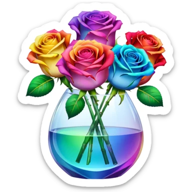 Rainbow color realistic roses in translucent clear crystal vase sticker
