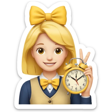 Yellow regular smiling emoji with hand saying clock it with bow in hair preppy cute aesthetic  sticker