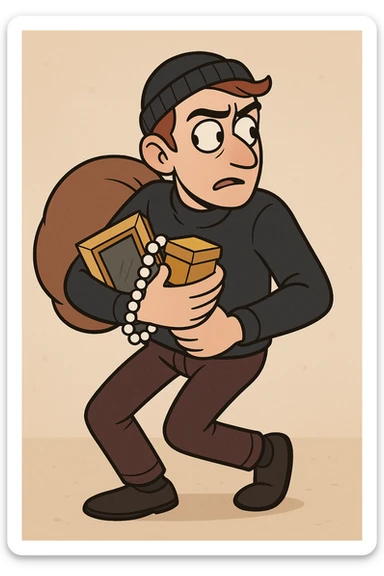 a thief, no mask, clutching stolen goods, glancing over shoulder, cartoon style sticker