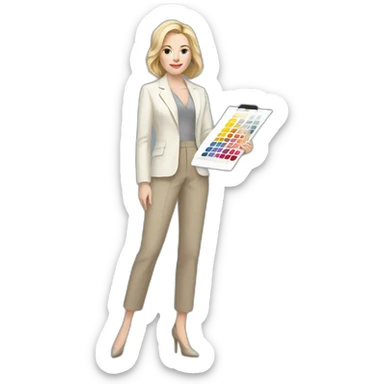 Full height pale skin woman with blonde Straightened bob Hair, White classical jacket, beige Arrow pants and gray blouse holding a color palette in the hands sticker