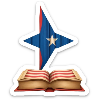 Ancient book with Puerto Rican flag subtly integrated on cover, carved wooden theater curtains symbol, warm vintage textures, soft glow representing timelessness and theatrical design heritage sticker