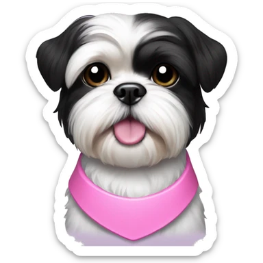 Small black and white shih tzu with a pink collar sticker