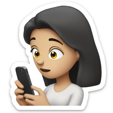 A girl with white skin and dark hair, with a sad face, holding her phone in her hand and typing a message, a message cloud on the side of it sticker