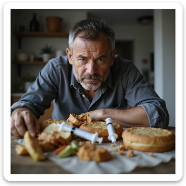 symbolic scene of an adult person with serious expression, surrounded by junk food and an insulin syringe on the table, home environment, Italian text 'Attenzione al diabete di tipo 2', 4K quality sticker