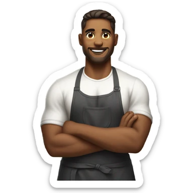 Handsome strong man in kitchen with apron sticker