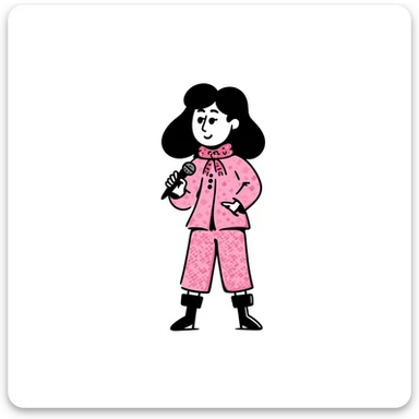 Sabrina Carpenter in a fancy pink outfit with a microphone sticker