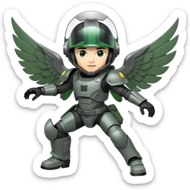 Danny ramirez as A character with a dark helmet and bright visor.
They wear a detailed grey and green tactical suit.
Large, articulated mechanical wings are spread wide. sticker