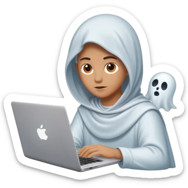 Create an emoji where an ungender person sits in front of the desk, designing ghost characters on laptop. Please refer to the attached image for ghost characters. sticker