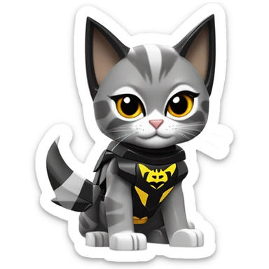 Lego Batman riding a Grey and black tabby kitten with white legs, razor sharp talons and wings of fire  sticker