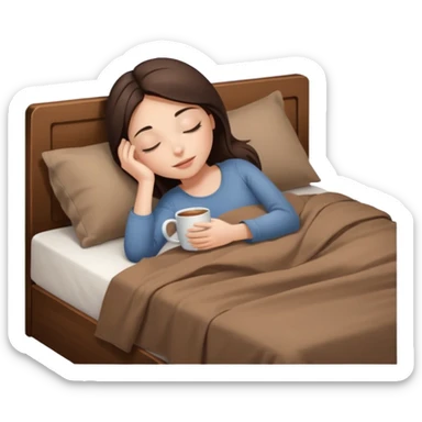 brunette girl with closed eyes lies on bed with brown bed linen and holds mug sticker
