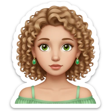The girl with dark blonde medium curly hair, light skin, blush,green- brown eyes, sexy, beautiful, gentle, open shoulders, round earrings, postacne scars, long lashes and combed high brows and plump lips sticker