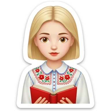 A Ukrainian girl in an embroidered shirt reads a red book sticker