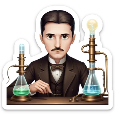 Nikola Tesla – Cinematic Realistic Portrait of Nikola Tesla, depicted as a visionary inventor with intense, thoughtful eyes and period attire, surrounded by subtle arcs of electric light and early laboratory apparatus, rendered with dramatic lighting that evokes mystery and innovation. sticker