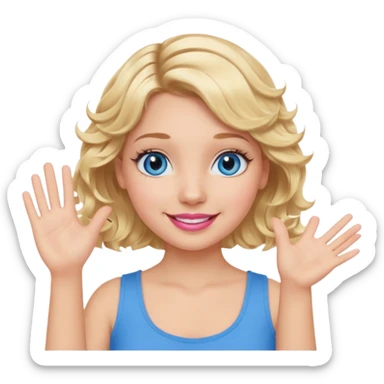 Girl Blonde short wavy hair,  blue eyes, cute blue top, long lashes, pink lips, smiling, waving hello  sticker