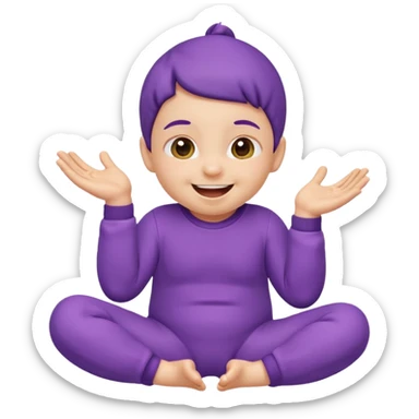 Apple-style emoji of a baby wearing a purple onesie, sitting and laughing joyfully, with hands down. sticker