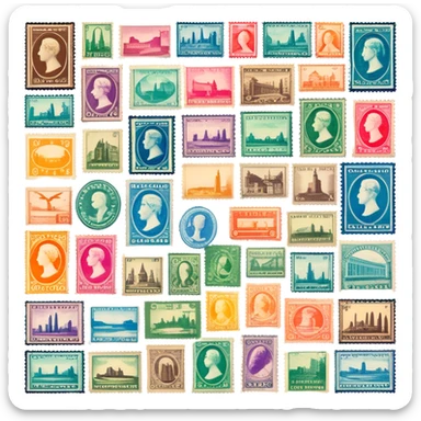 Icon for Stamp Collecting: a large stamp block in the center and a collection of vintage and colorful stamps arranged in an album or on a desk, with showcasing different themes. The icon should reflect the charm and history of philately. Transparent background. sticker