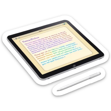 Create an emoji representing fanfiction writing. The design should feature a digital device tablet with visible text, symbolizing the creative process of writing fanfiction. Add a subtle reference to popular fictional characters or universes to indicate the fan aspect. Use a playful, imaginative color palette, blending vibrant tones with soft neutrals. Do not include any emojis or smiley faces. Make the background transparent. sticker