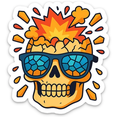 Enhance the skull with mosaic sunglasses, making the head explosion more detailed and vivid in a cartoonish style with vibrant toon aesthetics. sticker